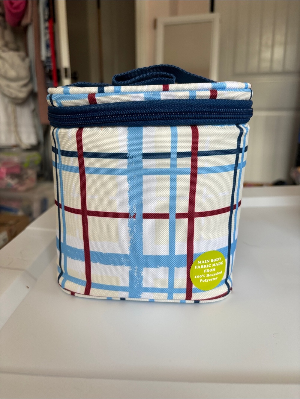 Insulated Plaid Lunch Cooler Tote - Navy, Light Blue & Burgundy